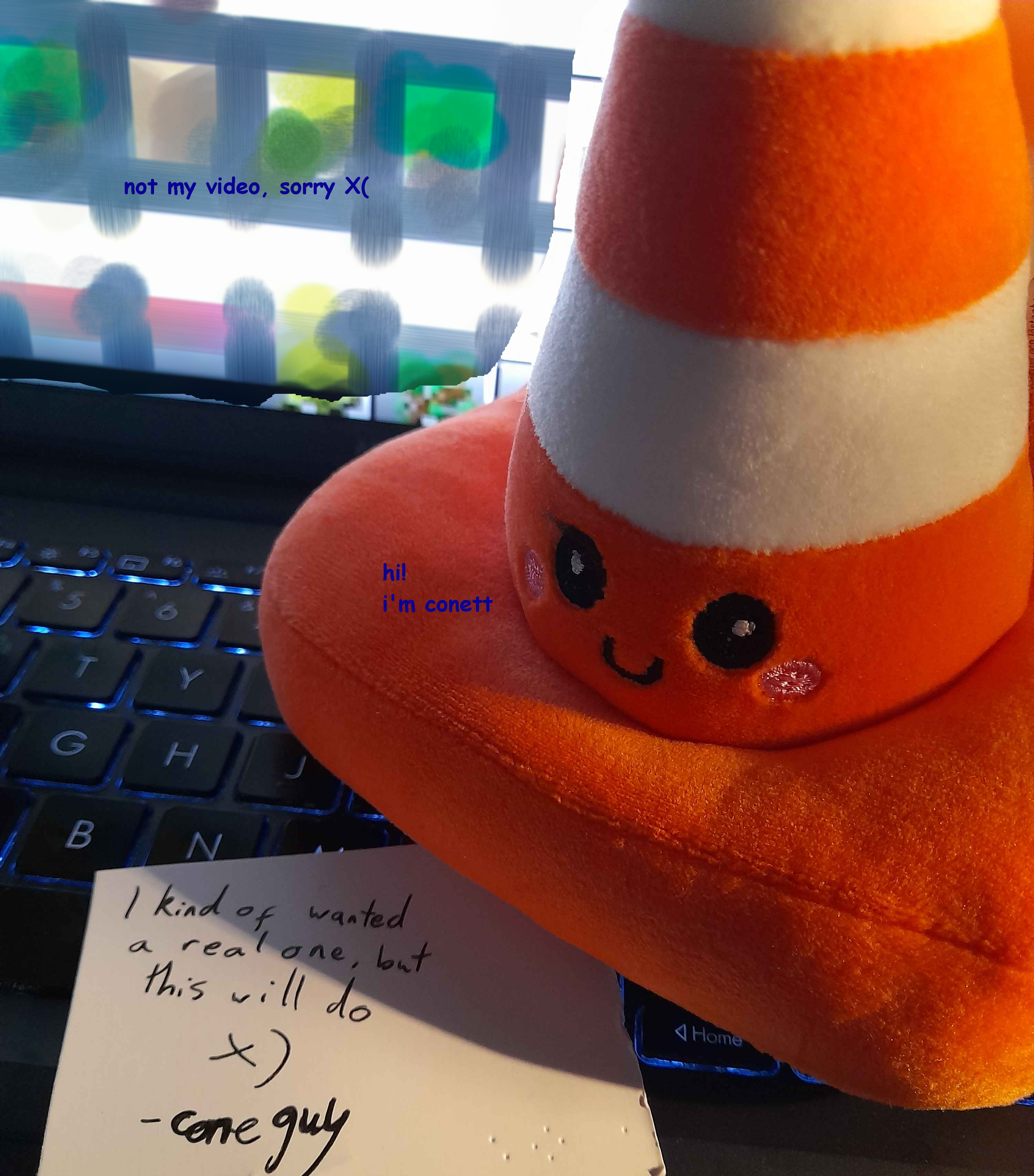 a photo of my laptop. the video in the background is blurred, because i don't have the rights to it. there's a plush traffic cone with a cute face on the keyboard. the text 'hi, i'm conett' next to it. if the text to speech doesn't pronounce it correctly, it's 'co net'. there's a note next to the plush: 'i kind of wanted a real one, but this will do.' there's a little smiley included.