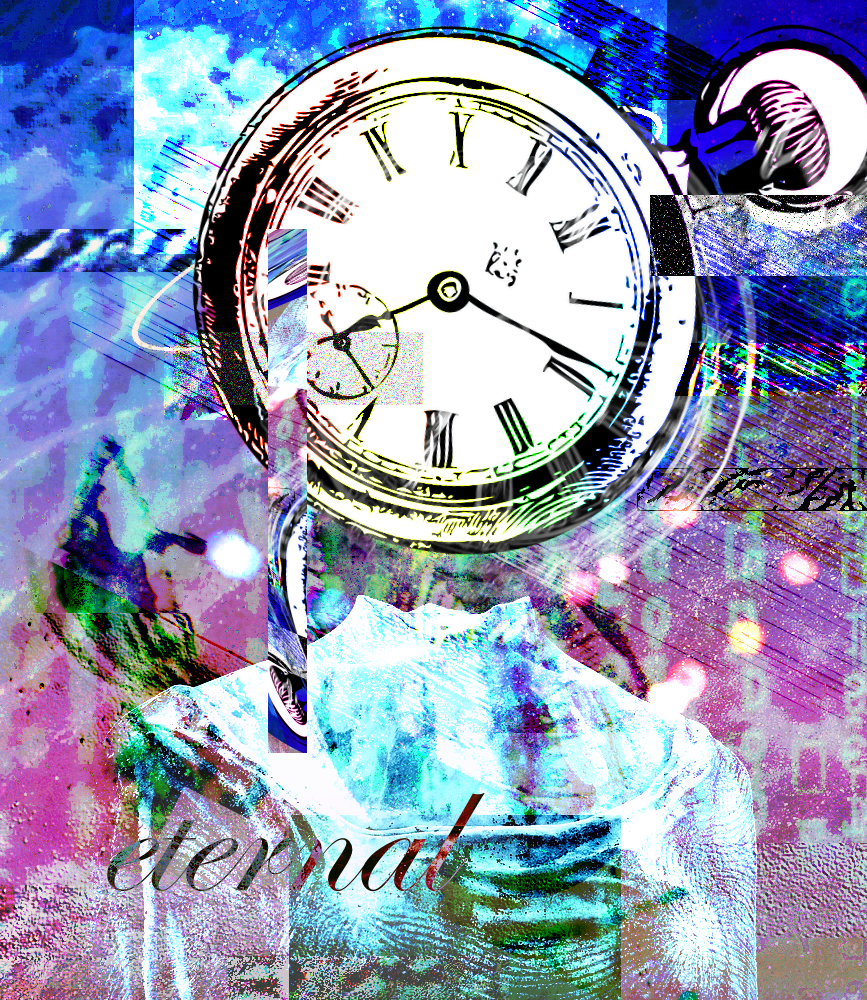 a highly surreal, databent portrait of a humanoid figure with a stock illustration of a pocketwatch for a head. the image is disorienting and mildly glitched, as the colours are messed up - the head is white with a black and rainbow outline, the body is blue and the background is a blue-pink gradient, composed of strange patterns. the word 'eternal' sits in cursive in the lower right corner of the image.