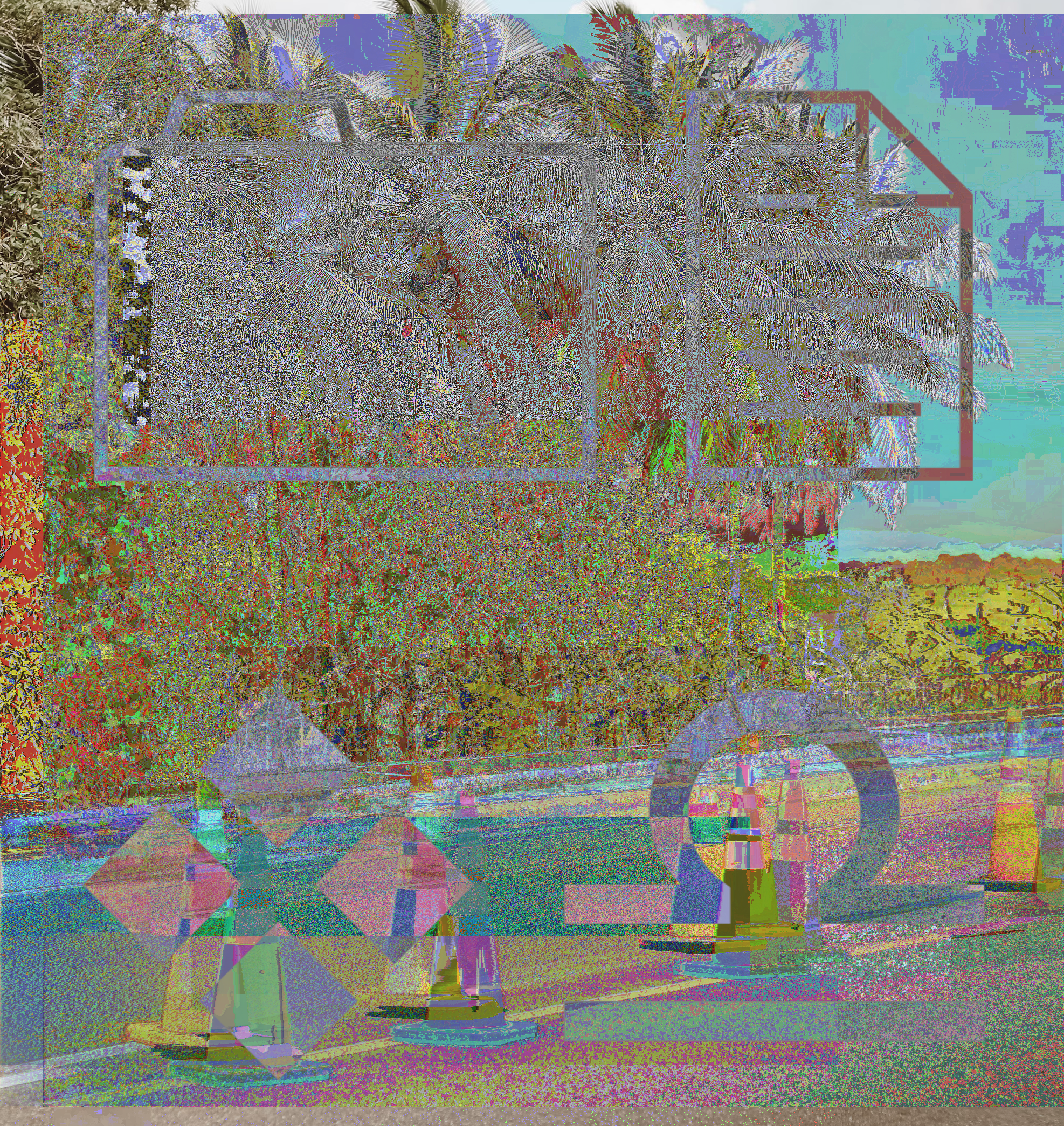 a highly surreal, data-bent portrait of four orange traffic cones. the image is incredibly disorienting, in equal mix of rainbow hues and monochrome, and is comprehensible but comes off as mostly static - it's like touching velcro with your vision. superimposed onto the image is a set of four simplified symbols on a two-by-two grid. from left to right and top to bottom, these symbols are: a closed folder; a page with a folded top-right corner and lines imitating text on it; four diamonds arranged into the shape of a larger diamond; and the glyph for the Zodiac sign Libra.